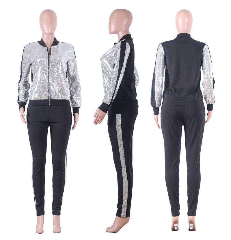 SIAEAMRG Women 2 Piece Glitter Sequin Outfits Tracksuit, Long Sleeve Jacket Tops Bodycon Long Pants Sparkle Sweatsuit Club Wear (XXL, Silver) - Image 4